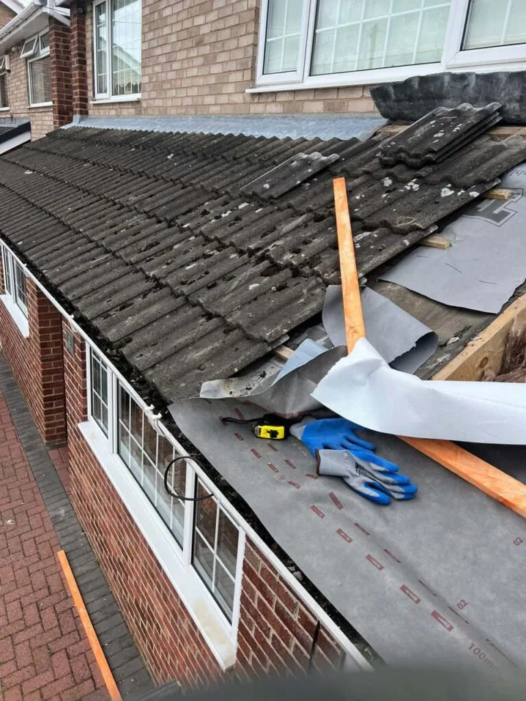 This is a photo of a pitched roof which is being repaired. The existing roof was leaking badly. Works carried out by MCM Roofing Repairs Fordingbridge